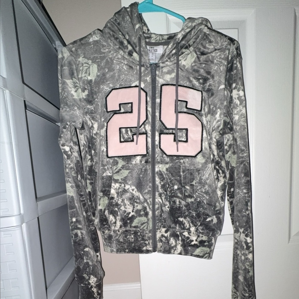Camouflage Zip-Up Hoodie with Pink Number